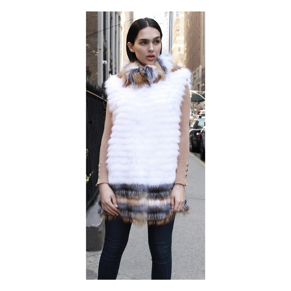 White Fox Fur Vest Colorful Trim